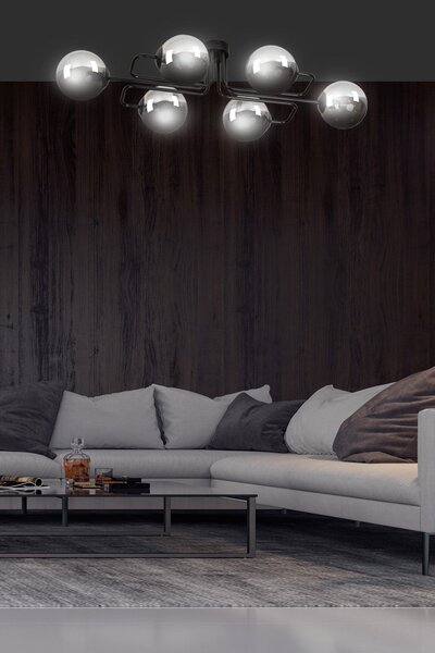 Stropní svítidlo BRENDI 6A – černé, grafitové sklo, 6× E14, šířka 96 cm