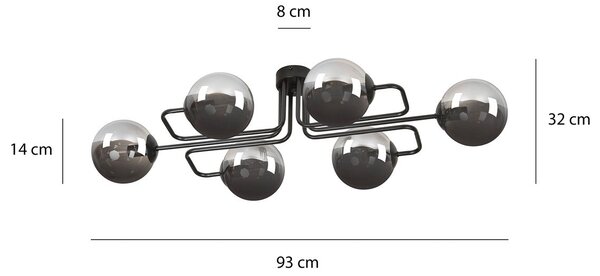 Stropní svítidlo BRENDI 6A – černé, grafitové sklo, 6× E14, šířka 96 cm