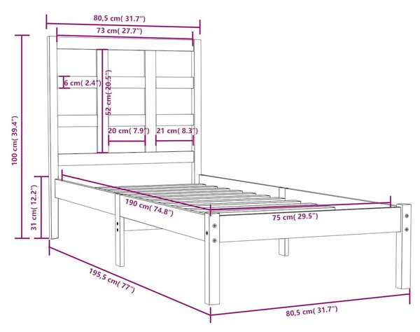 Rám postele bílý masivní dřevo 75 x 190 cm malé jednolůžko 3105431