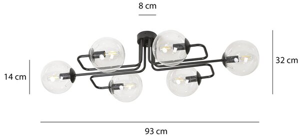 Stropní svítidlo BRENDI 6A – černé, čiré sklo, 6× E14, šířka 93 cm