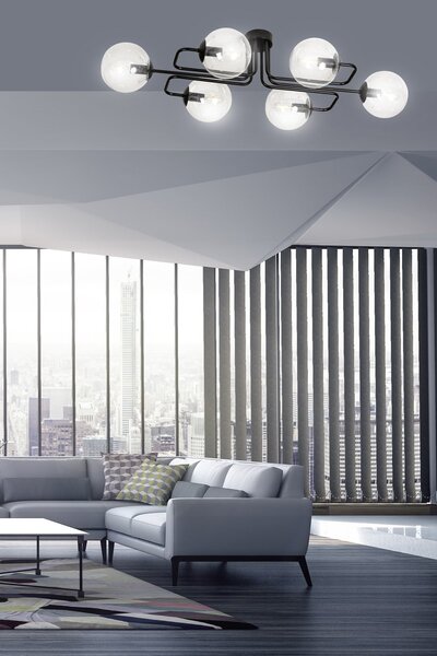 Stropní svítidlo BRENDI 6A – černé, čiré sklo, 6× E14, šířka 93 cm