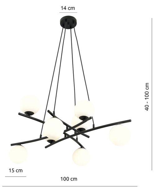 Závěsné svítidlo ESSA 8 – černé, opálové sklo, 8× E14, šířka 100 cm