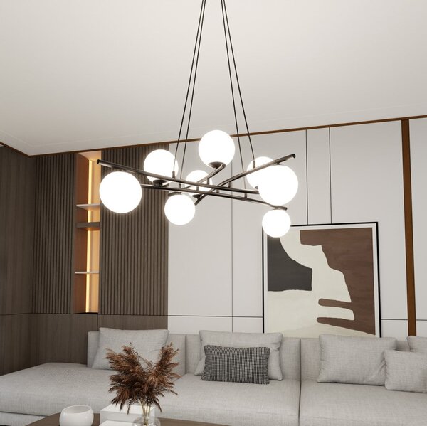 Závěsné svítidlo ESSA 8 – černé, opálové sklo, 8× E14, šířka 100 cm