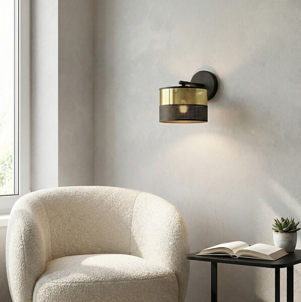 Nástěnné svítidlo LUX K1 – černé / zlaté, textilní stínidlo, 1× E27, šířka 20 cm