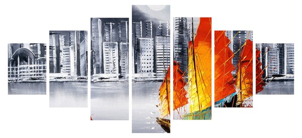 Obraz - Victoria Harbor, Hong Kong, černobílá olejomalba (210x100 cm)