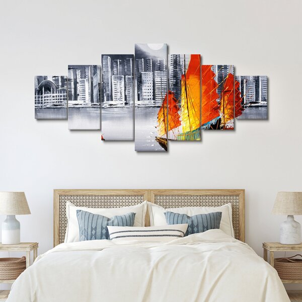 Obraz - Victoria Harbor, Hong Kong, černobílá olejomalba (210x100 cm)