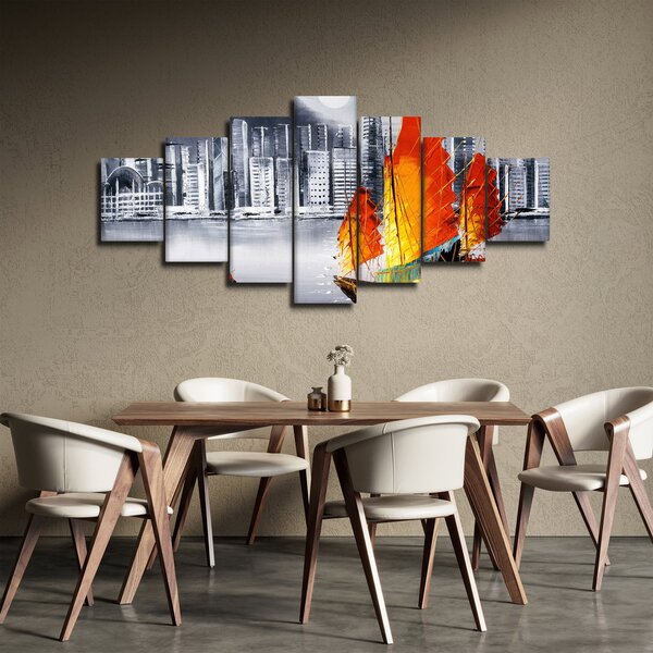 Obraz - Victoria Harbor, Hong Kong, černobílá olejomalba (210x100 cm)