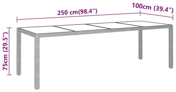 Zahradní stůl 250 x 100 x 75 cm tvrzené sklo a polyratan šedý 310593