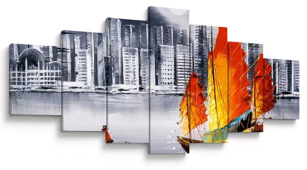 Obraz - Victoria Harbor, Hong Kong, černobílá olejomalba (210x100 cm)
