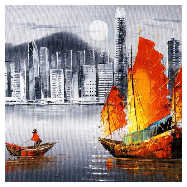 Obraz - Victoria Harbor, Hong Kong, černobílá olejomalba (30x30 cm)
