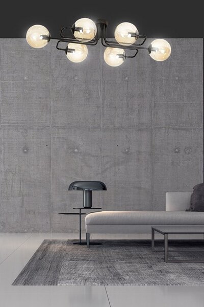Stropní svítidlo BRENDI 6A – černé, jantarové sklo, 6× E14, šířka 93 cm