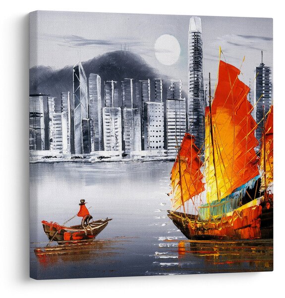 Obraz - Victoria Harbor, Hong Kong, černobílá olejomalba (30x30 cm)