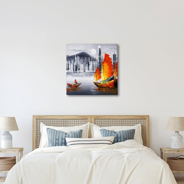 Obraz - Victoria Harbor, Hong Kong, černobílá olejomalba (30x30 cm)