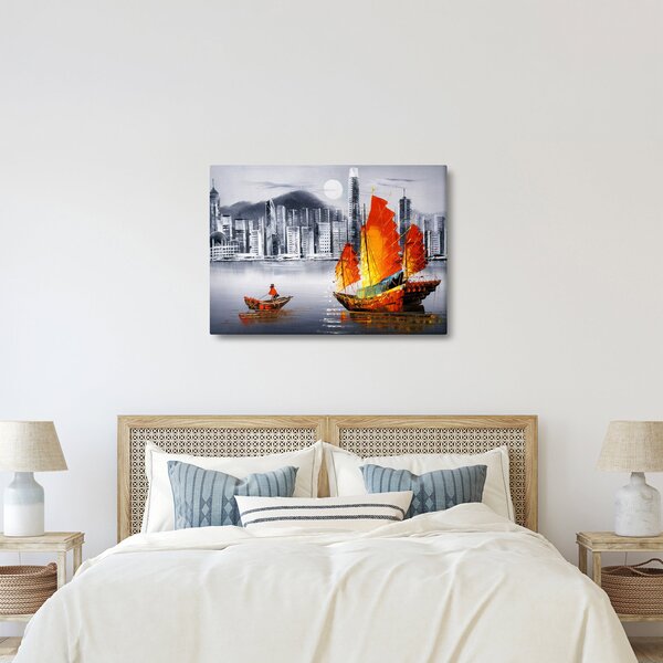 Obraz - Victoria Harbor, Hong Kong, černobílá olejomalba (70x50 cm)