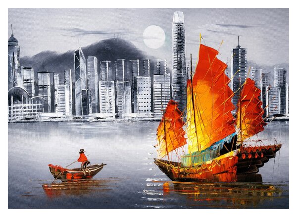 Obraz - Victoria Harbor, Hong Kong, černobílá olejomalba (70x50 cm)