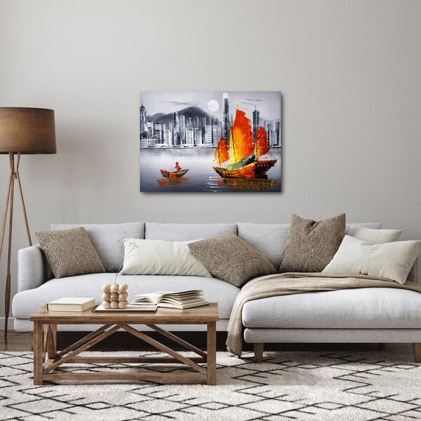 Obraz - Victoria Harbor, Hong Kong, černobílá olejomalba (70x50 cm)