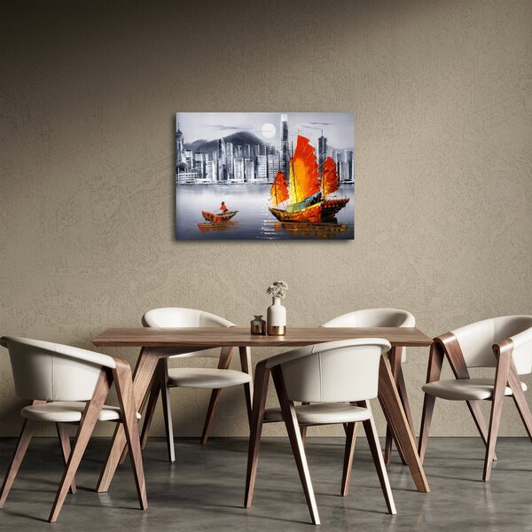 Obraz - Victoria Harbor, Hong Kong, černobílá olejomalba (70x50 cm)