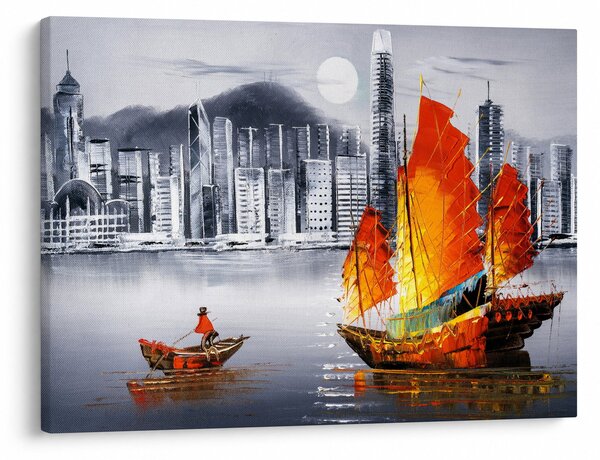 Obraz - Victoria Harbor, Hong Kong, černobílá olejomalba (70x50 cm)