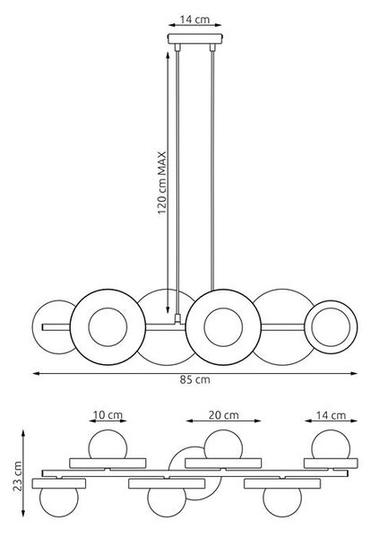 Závěsné svítidlo MODEL 6 – černé, bílé sklo, 6× G9, šířka 85 cm
