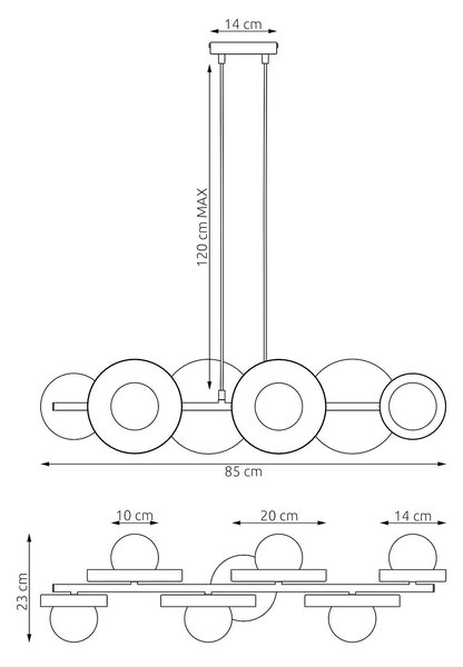 Závěsné svítidlo MODEL 6 – černé, bílé sklo, 6× G9, šířka 85 cm