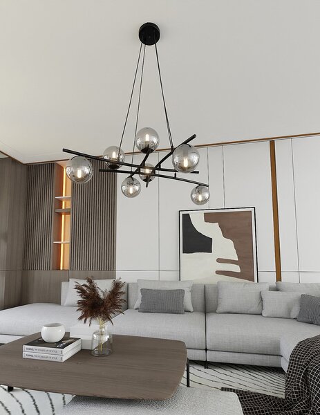 Závěsné svítidlo ESSA 8 – černé, grafitové sklo, 8× E14, šířka 100 cm