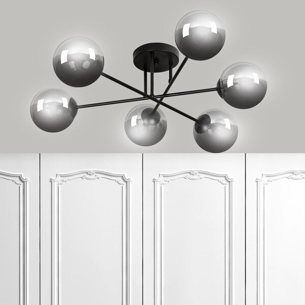 Stropní svítidlo BRENDI 6B – černé, grafitové sklo, 6× E14, šířka 75 cm