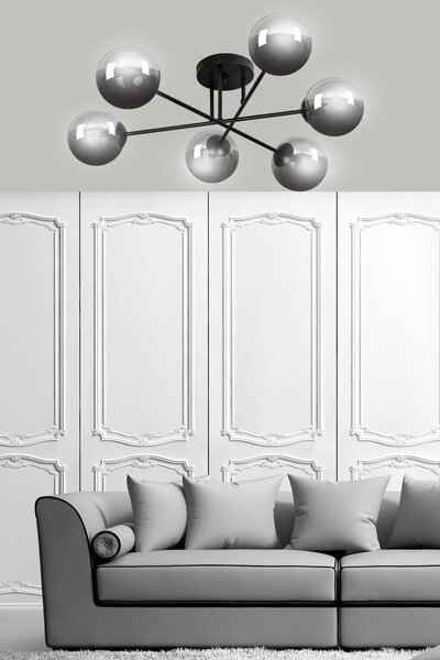 Stropní svítidlo BRENDI 6B – černé, grafitové sklo, 6× E14, šířka 75 cm