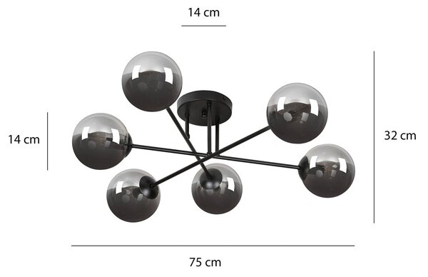 Stropní svítidlo BRENDI 6B – černé, grafitové sklo, 6× E14, šířka 75 cm