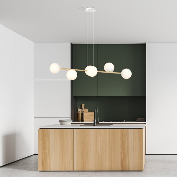 Závěsné svítidlo GRAVITY 6 – bílé / zlaté, sklo, 6× E14, šířka 110 cm