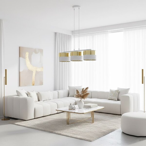 Závěsné svítidlo LUX 3 – bílé / zlaté, textilní stínidla, 3× E27, šířka 70 cm