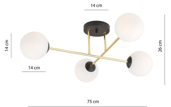 Stropní svítidlo MAGNUM 4 – černé, opálové sklo, 4× E14, šířka 75 cm