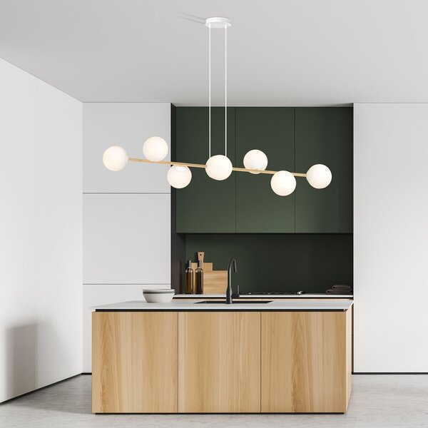 Závěsné svítidlo GRAVITY 8 – bílé / zlaté, sklo, 8× E14, šířka 140 cm