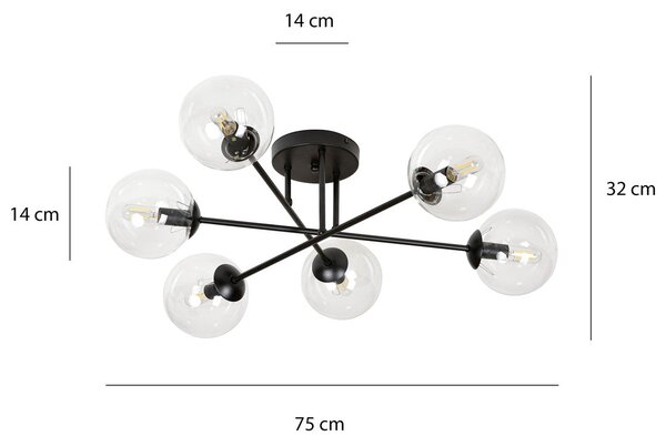Stropní svítidlo BRENDI 6B – černé, čiré sklo, 6× E14, šířka 75 cm