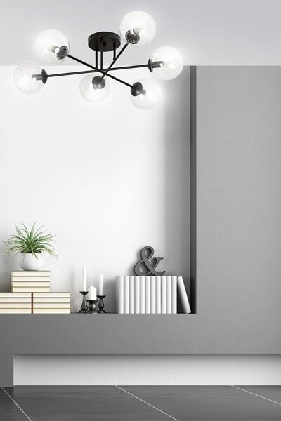 Stropní svítidlo BRENDI 6B – černé, čiré sklo, 6× E14, šířka 75 cm
