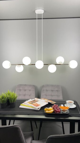 Závěsné svítidlo GRAVITY 8 – bílé / zlaté, sklo, 8× E14, šířka 140 cm