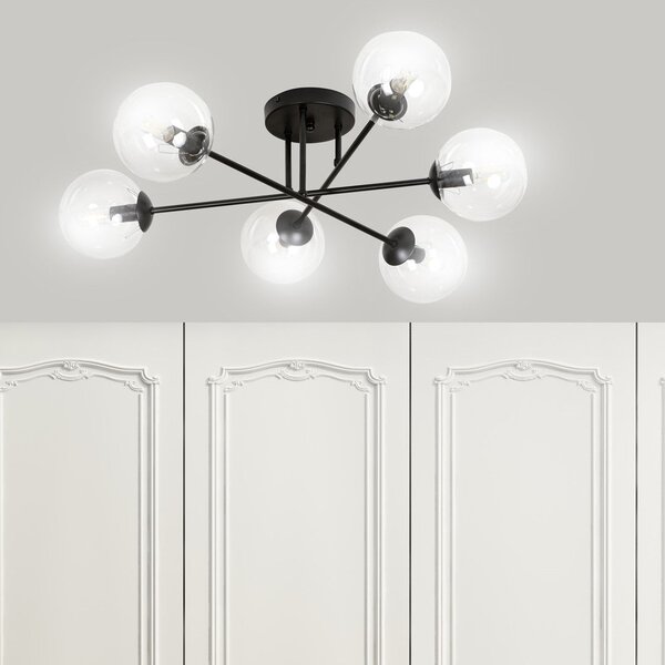 Stropní svítidlo BRENDI 6B – černé, čiré sklo, 6× E14, šířka 75 cm