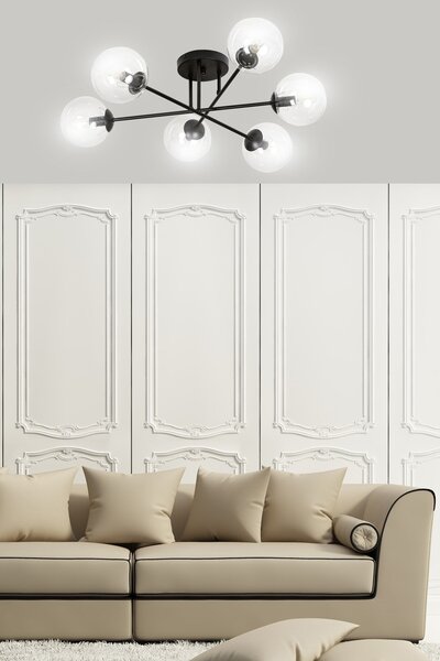 Stropní svítidlo BRENDI 6B – černé, čiré sklo, 6× E14, šířka 75 cm