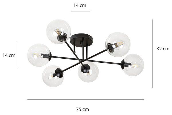Stropní svítidlo BRENDI 6B – černé, čiré sklo, 6× E14, šířka 75 cm