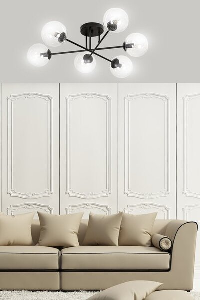 Stropní svítidlo BRENDI 6B – černé, čiré sklo, 6× E14, šířka 75 cm