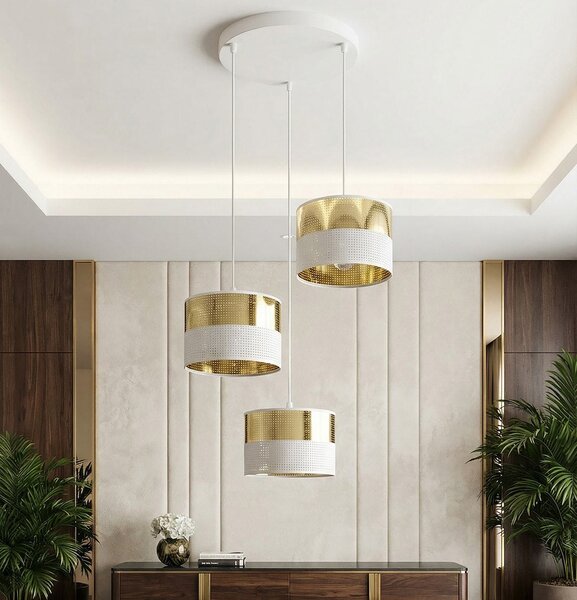 Závěsné svítidlo LUX 3 PREM – bílé / zlaté, textilní stínidla, 3× E27, šířka 43 cm