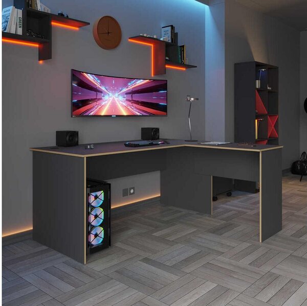 Rohový PC stolek Raven (antracit + dub). Akce -25%