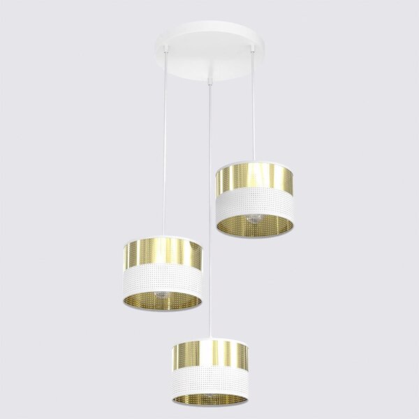 Závěsné svítidlo LUX 3 PREM – bílé / zlaté, textilní stínidla, 3× E27, šířka 43 cm