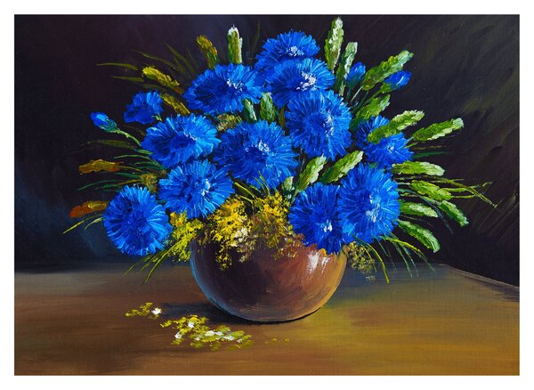 Obraz modrých květů ve váze (70x50 cm)