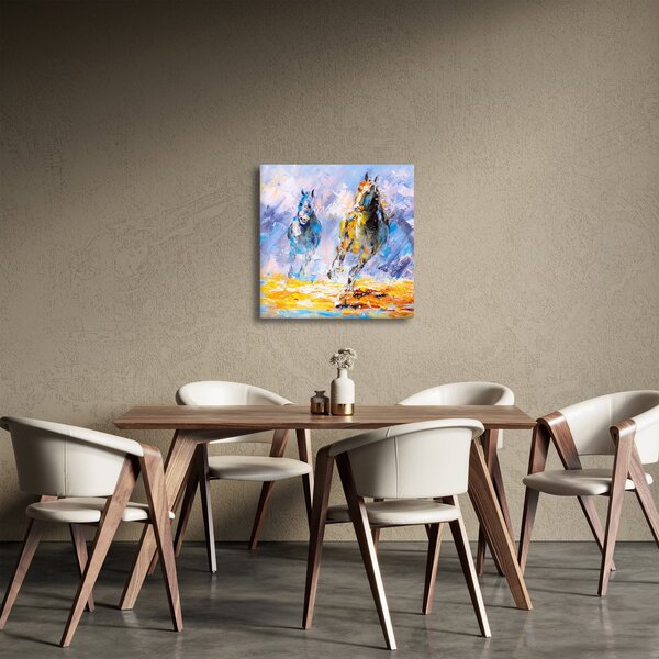 Obraz běžících koňů, olejomalba (30x30 cm)