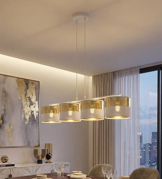 Závěsné svítidlo LUX 4 – bílé / zlaté, textilní stínidla, 4× E27, šířka 95 cm