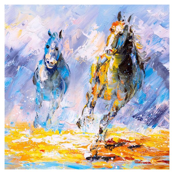 Obraz běžících koňů, olejomalba (30x30 cm)