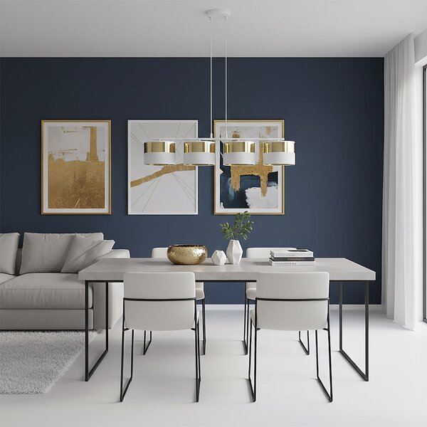Závěsné svítidlo LUX 4 – bílé / zlaté, textilní stínidla, 4× E27, šířka 95 cm