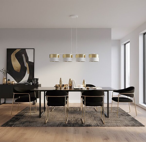 Závěsné svítidlo LUX 4 – bílé / zlaté, textilní stínidla, 4× E27, šířka 95 cm