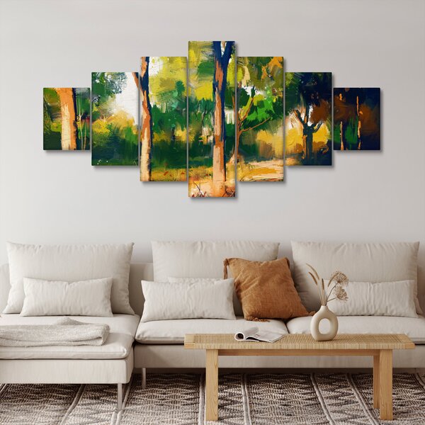 Obraz lesa v letním slunci, malba (210x100 cm)