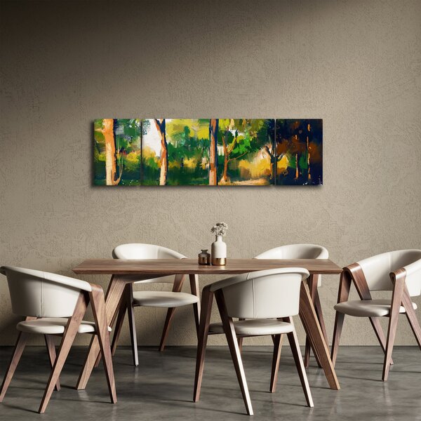 Obraz lesa v letním slunci, malba (170x50 cm)